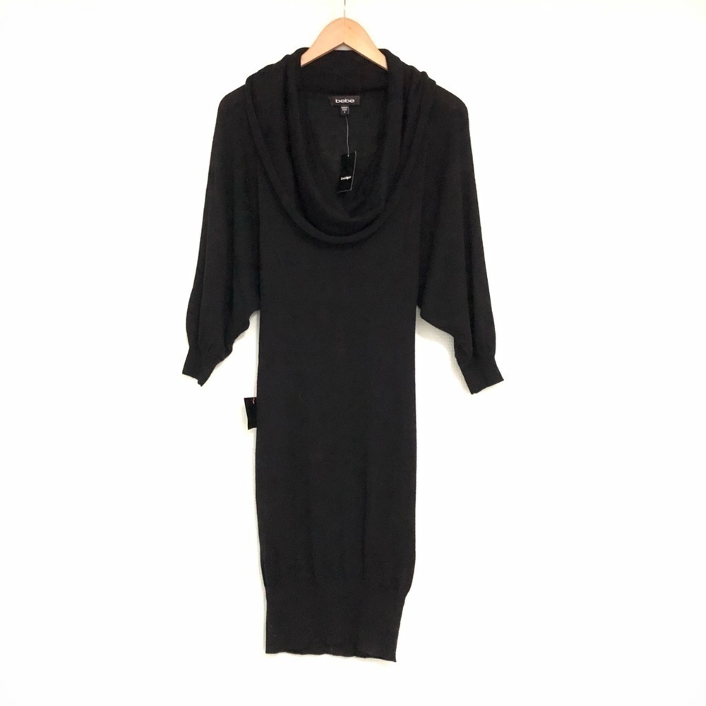 NEW Bebe Black Knit Sweater Dress Cowl Neck Raglan Sleeve Wool Women's Small